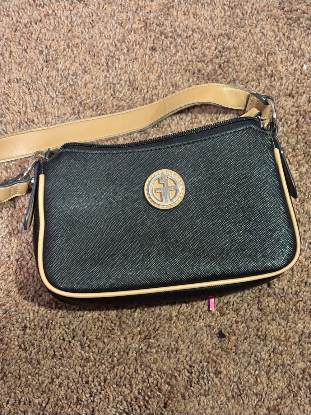 Giani Bernini Black Shoulder Bag with Tan Trim and Gold Logo